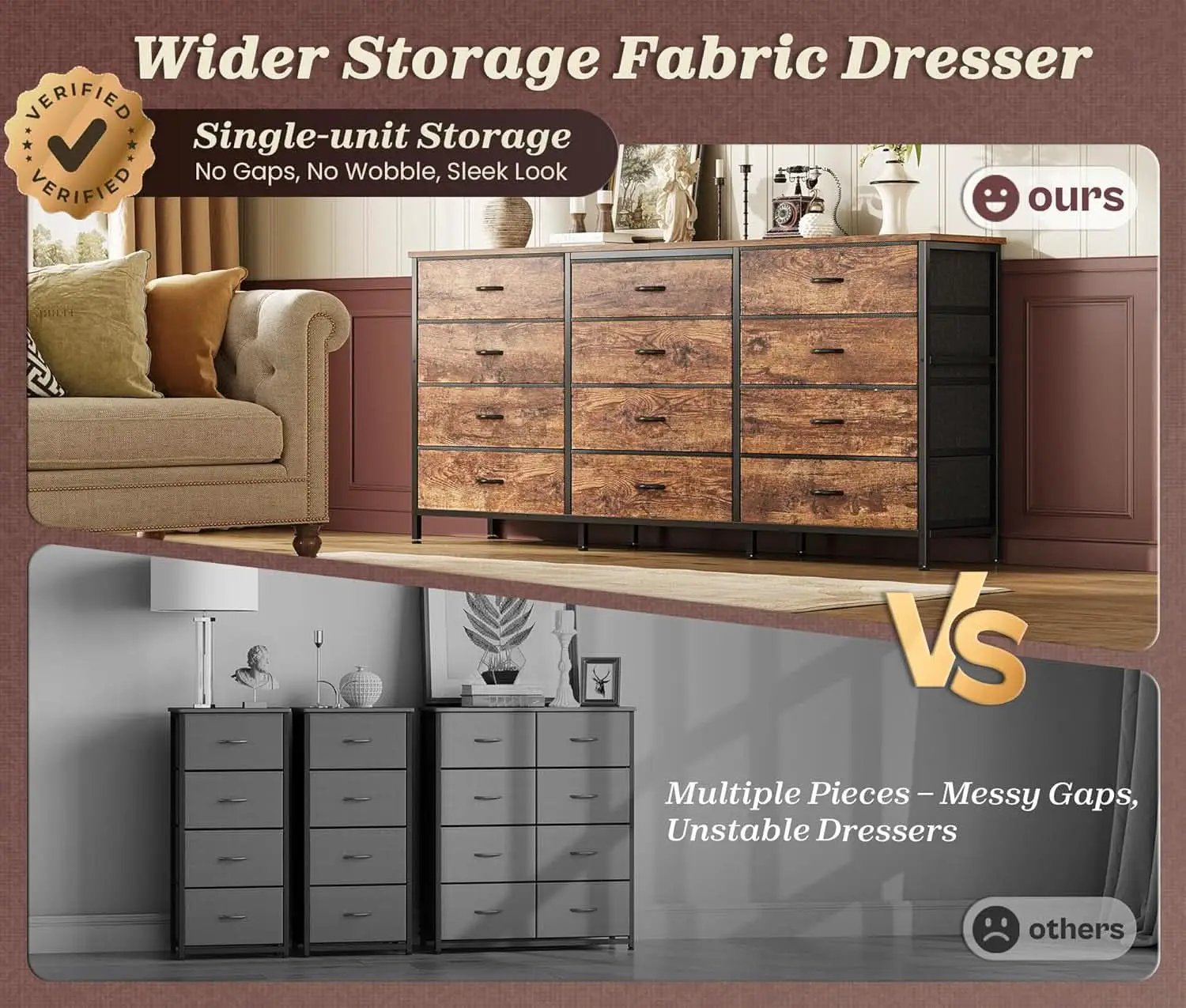 63Inch Dresser With Premium Fabric Drawers RusticBrown from PriceLows™