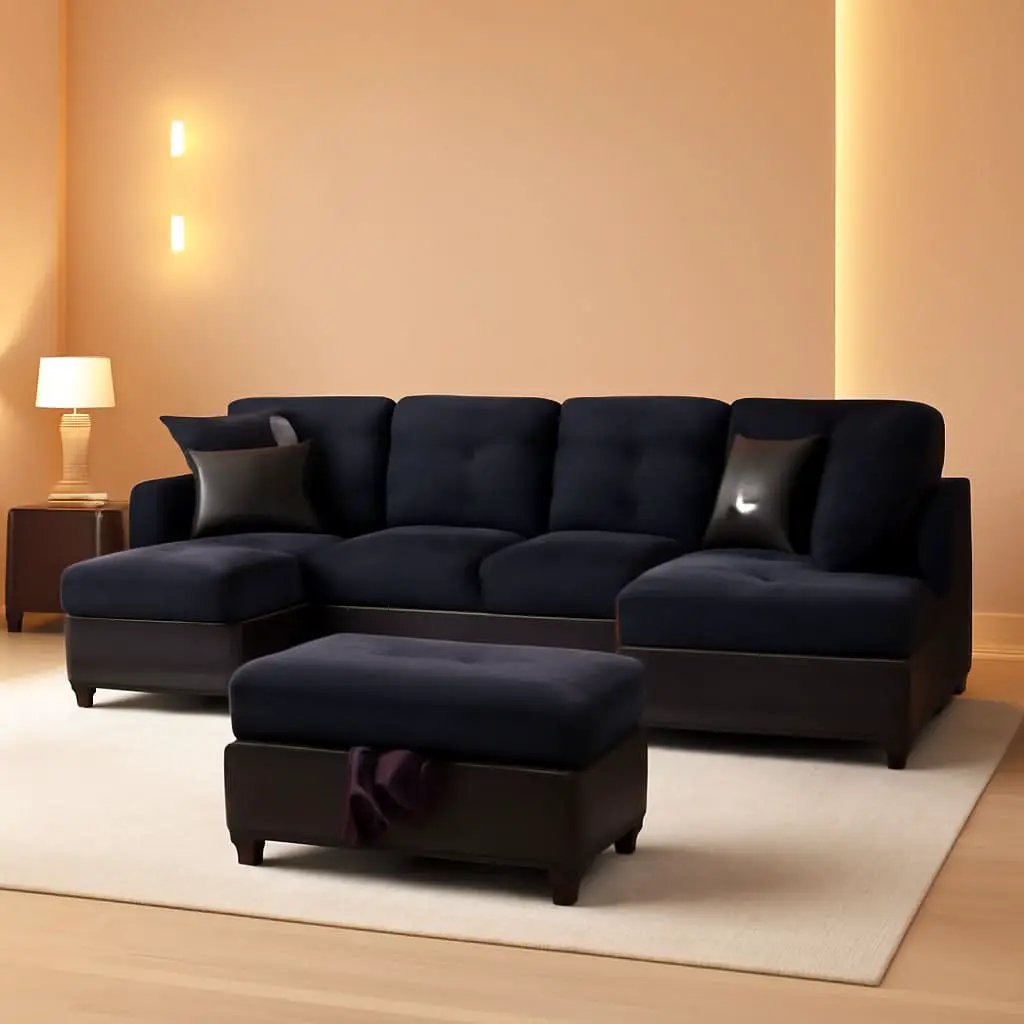 Midnight Blue 105 Inch L Shaped Sectional Sofa With Ottoman from PriceLows™