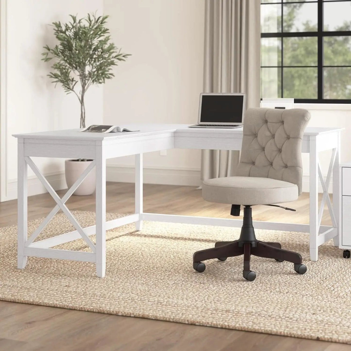 Bush Furniture Key West 60W L Shaped Desk Pure White Oak from PriceLows™