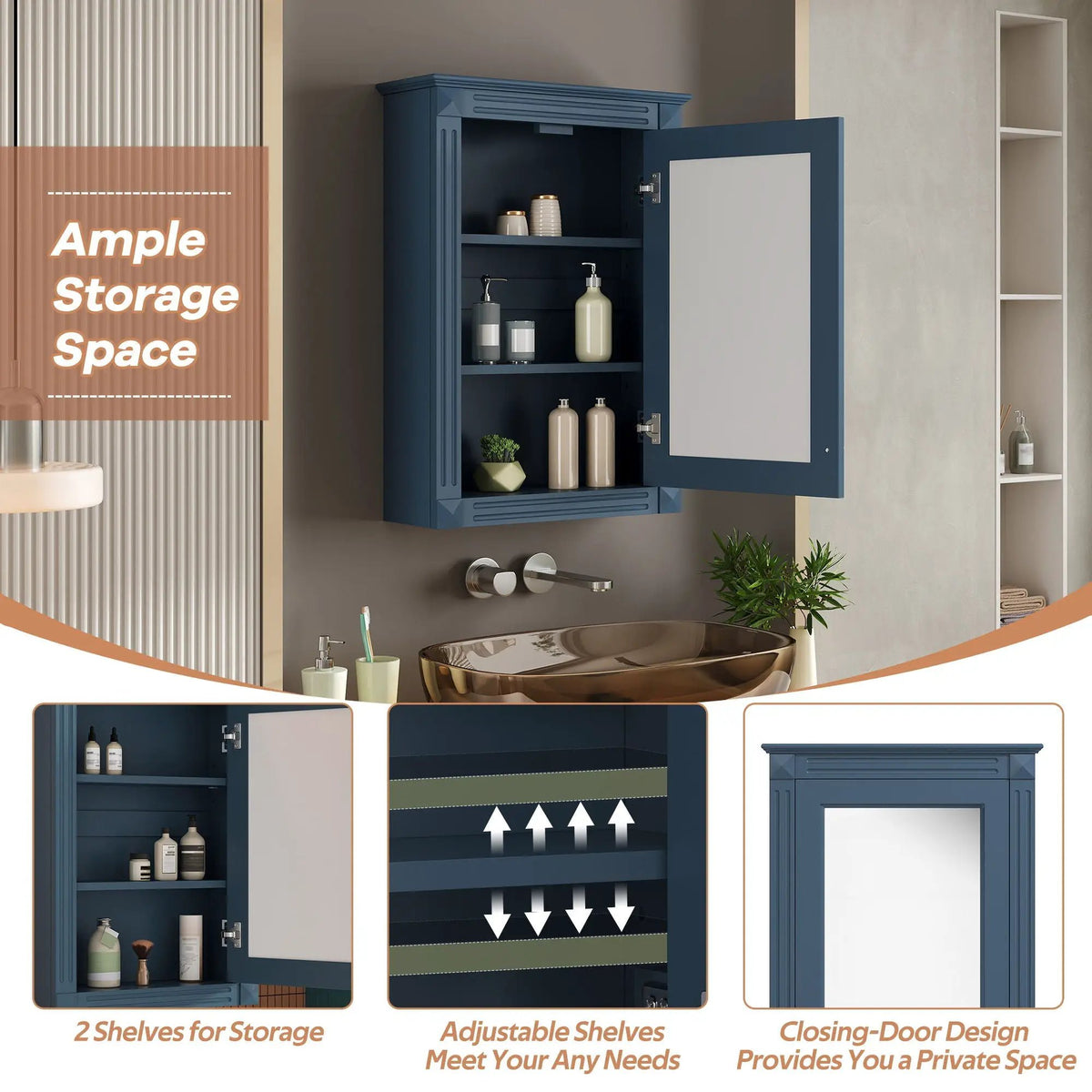 Over-Toilet Medicine Cabinet | Wall Mounted | Full-Length Mirror | Height-Adjustable Shelf