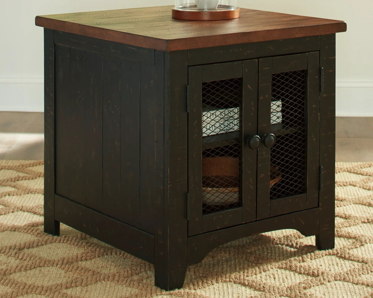 Valebeck Rectangular End Table | Black And Brown | Pine Veneers | Door With Adjustable Shelf