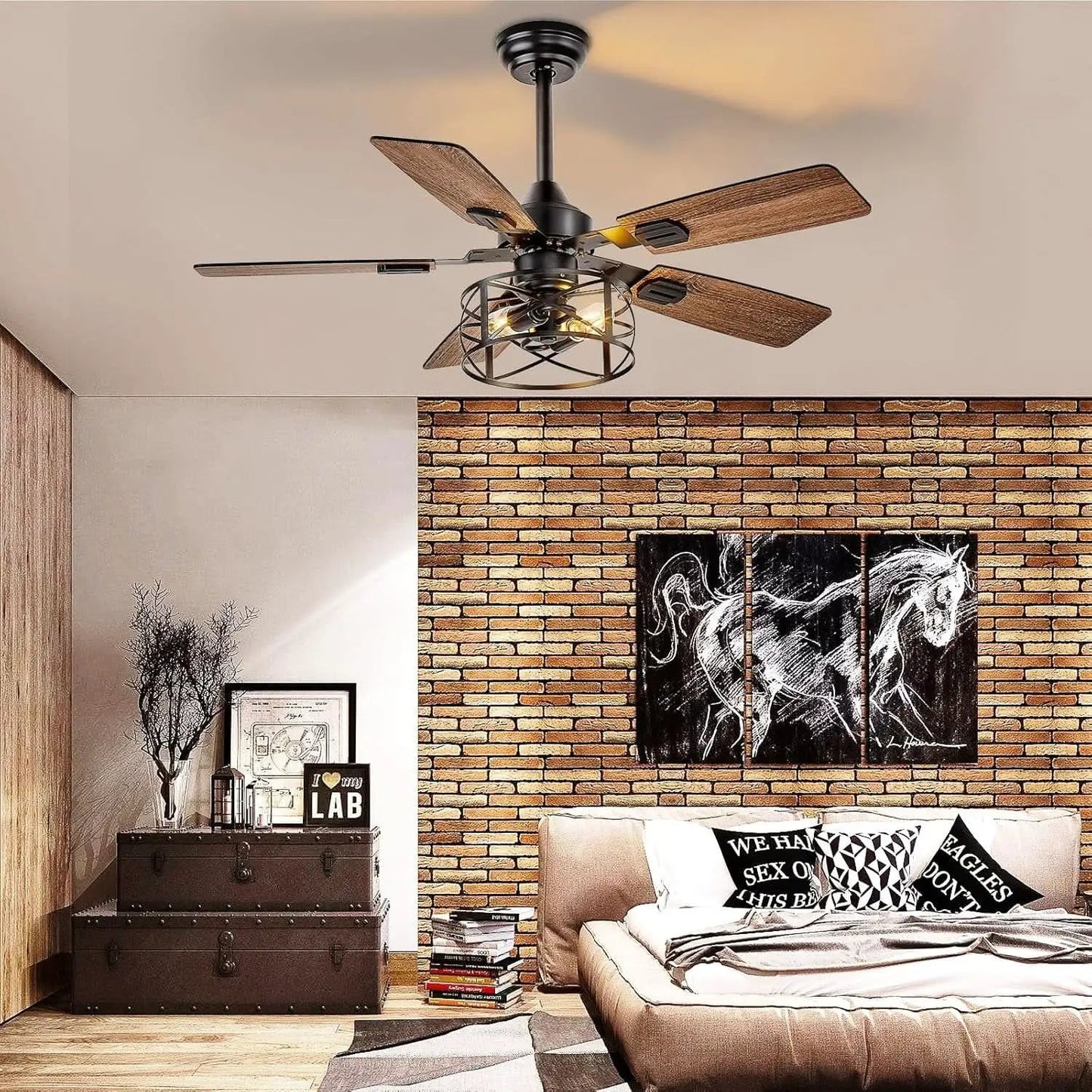 42 Inch Farmhouse Cage Ceiling Fan With Remote E26 Bulbs from PriceLows™