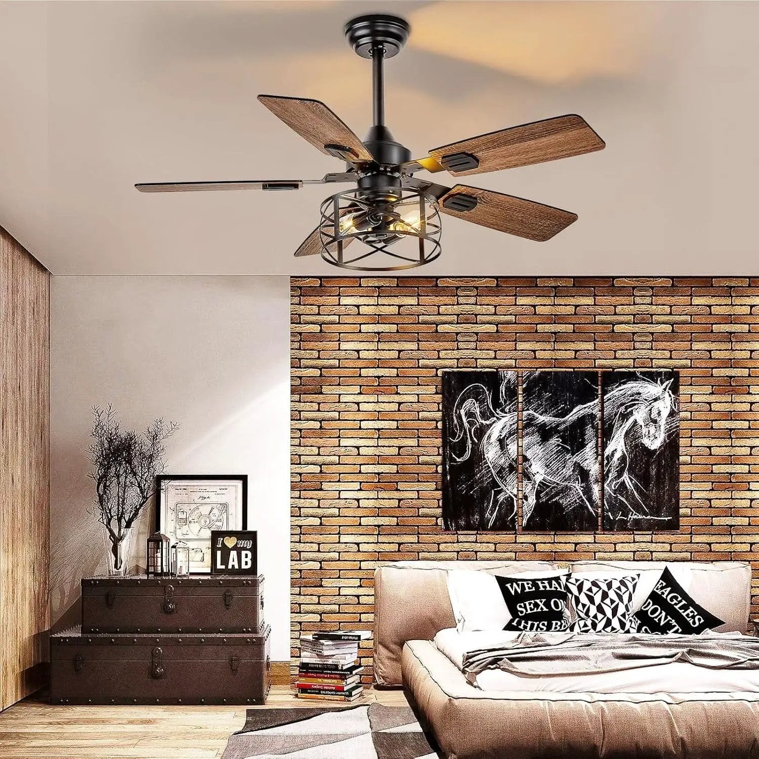 42 Inch Farmhouse Cage Ceiling Fan With Remote E26 Bulbs from PriceLows™