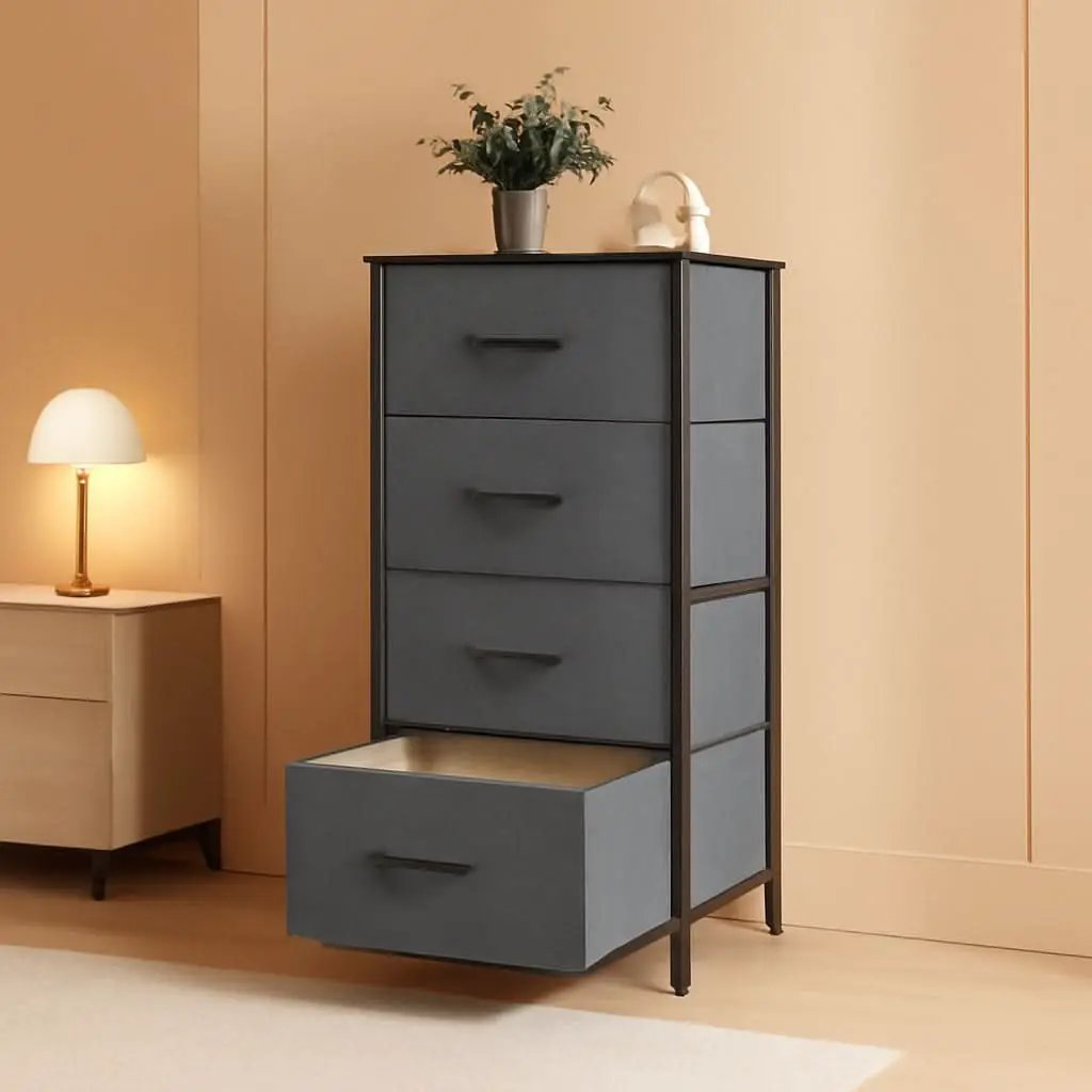 Dark Grey Fabric Dresser With Wood Top 4 Drawer Organizer from PriceLows™