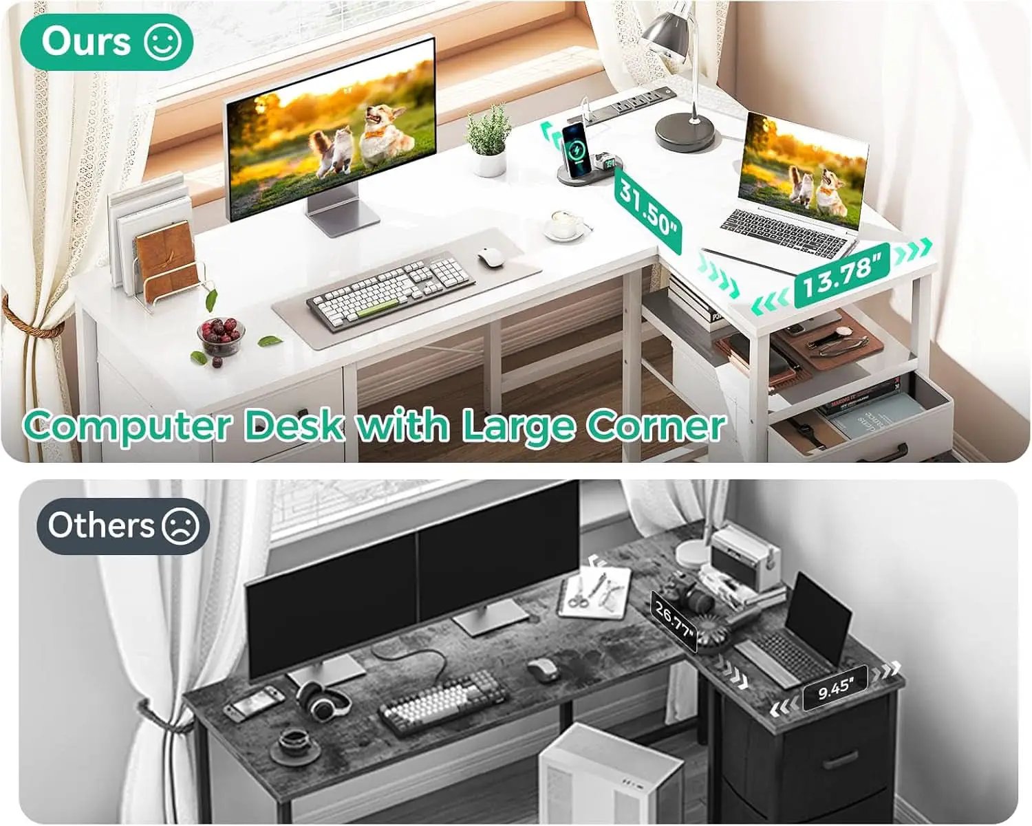 L Shaped Computer Desk 6 Drawers Power Outlet 55In White from PriceLows™