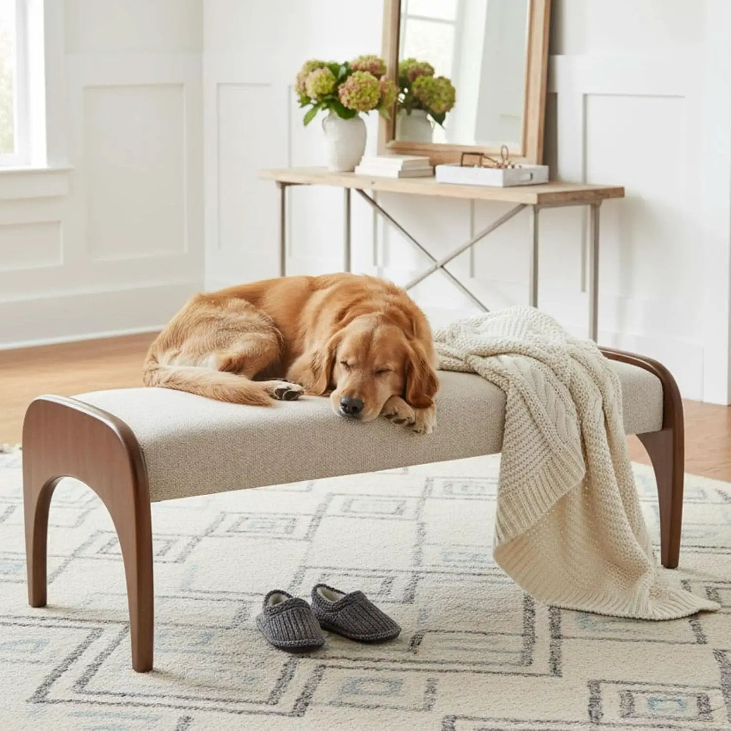 51-Inch Wide Ottoman Bench Beige Sherpa Upholstery from PriceLows™