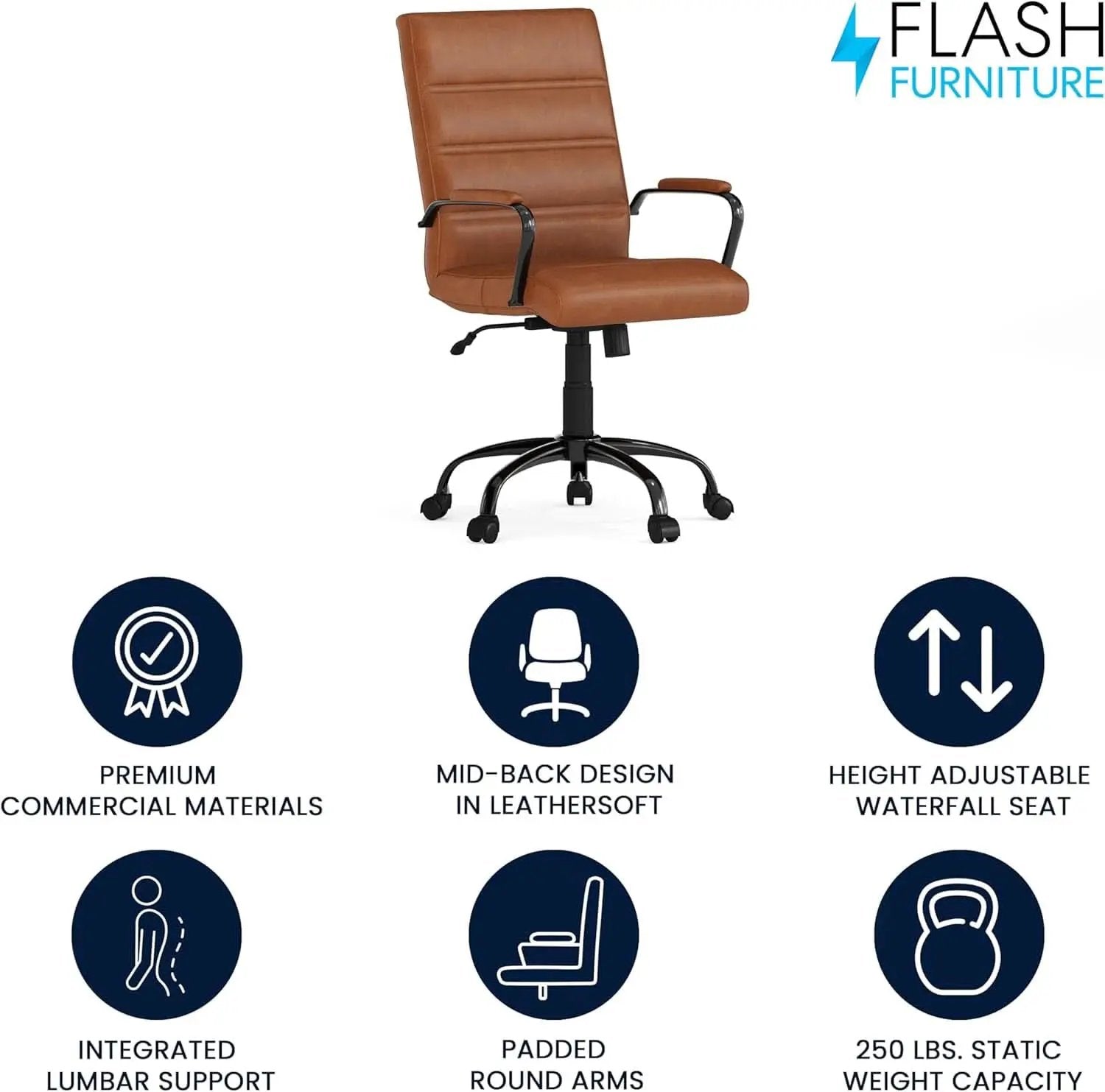 Whitney Mid-Back Leather Desk Chair Brown Black Adjustable Height from PriceLows™