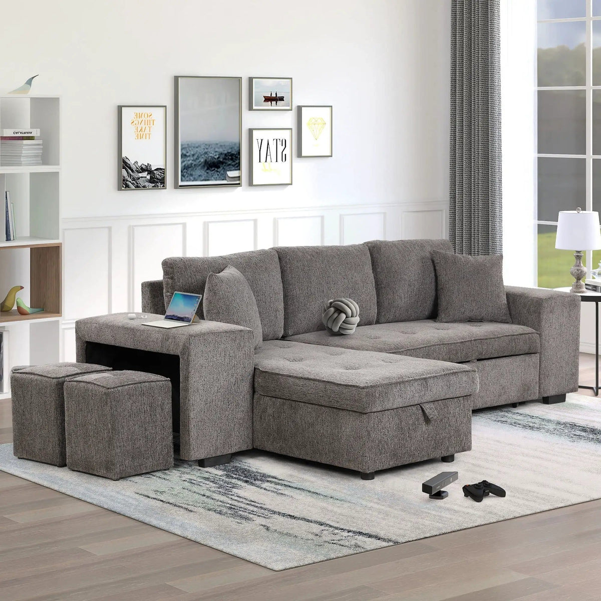 Modern L-Shape 3 Seat Reversible Sectional Couch, Pull Out Sleeper Sofa With Storage | 4 Pieces | Fabric | Living Room