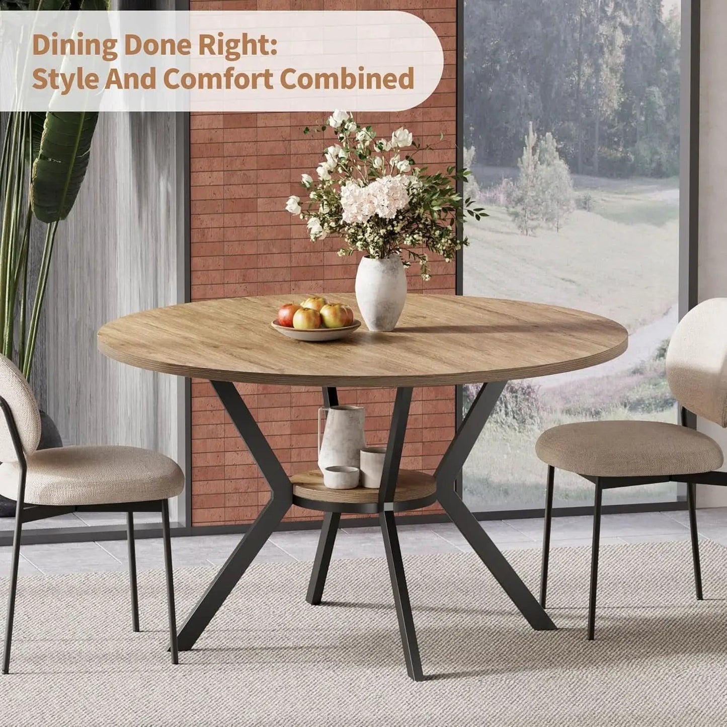 42 Inch Round Farmhouse Dining Table With Compact Storage from PriceLows™