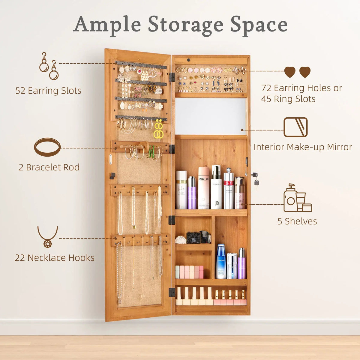 Jewelry Armoire With Full Length Mirror | Lockable Wall Mounted Cabinet | LED Light | Over The Door Use