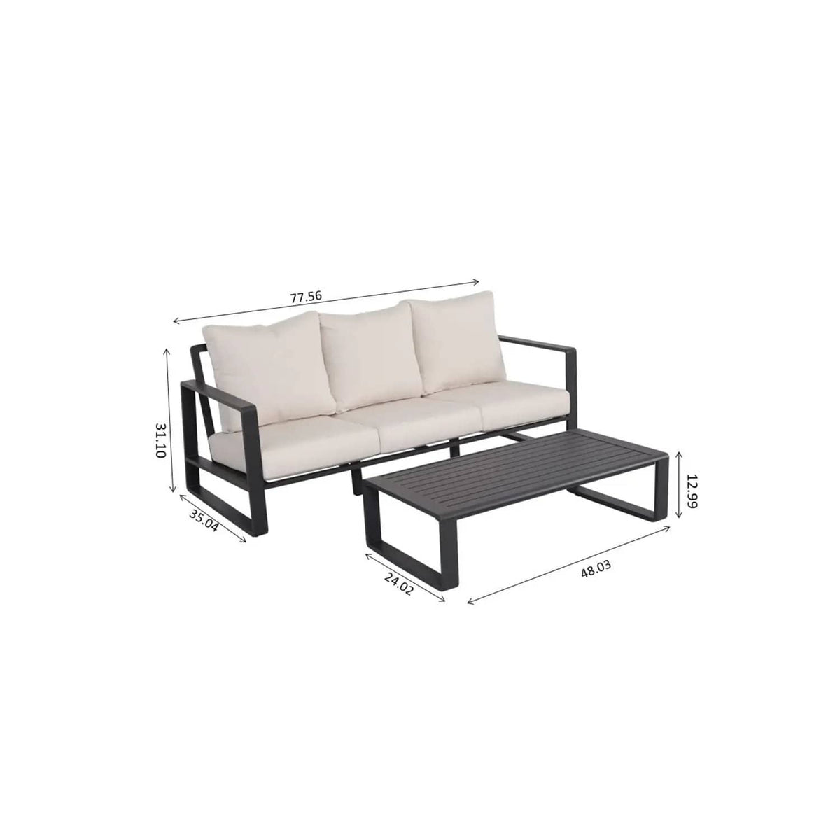 3 Person Sofa With Rectangular Coffee Table, Cushions Tino Tino - 2 Piece Outdoor Set | 77.56 x 35.04 x 31.1 in | Aluminum | Beige