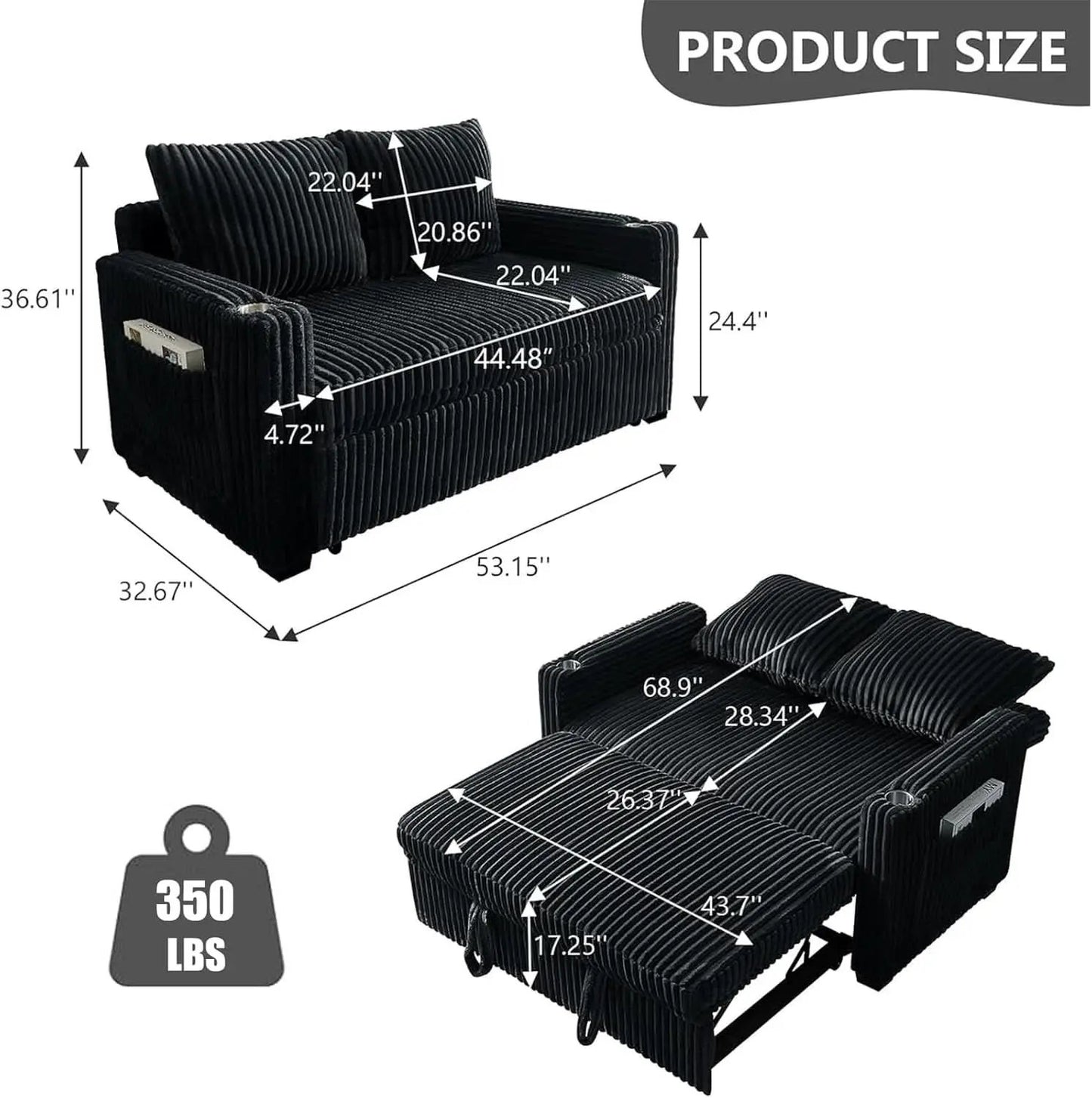 53 Inches Black Corduroy Fabric Sleeper Sofa USBPort from PriceLows™
