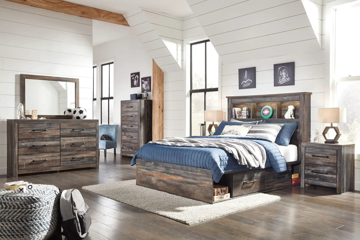 Drystan Panel Bookcase Bed | Storage Headboard | Rustic Industrial Style | 85 Inch Length