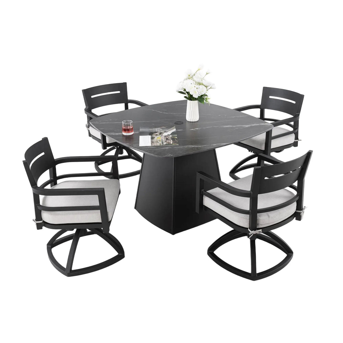 Outdoor Patio Dining Set | Squircle Sintered Stone Table | Sunbrella Cushion Chairs | Rust-Free Aluminum Frame