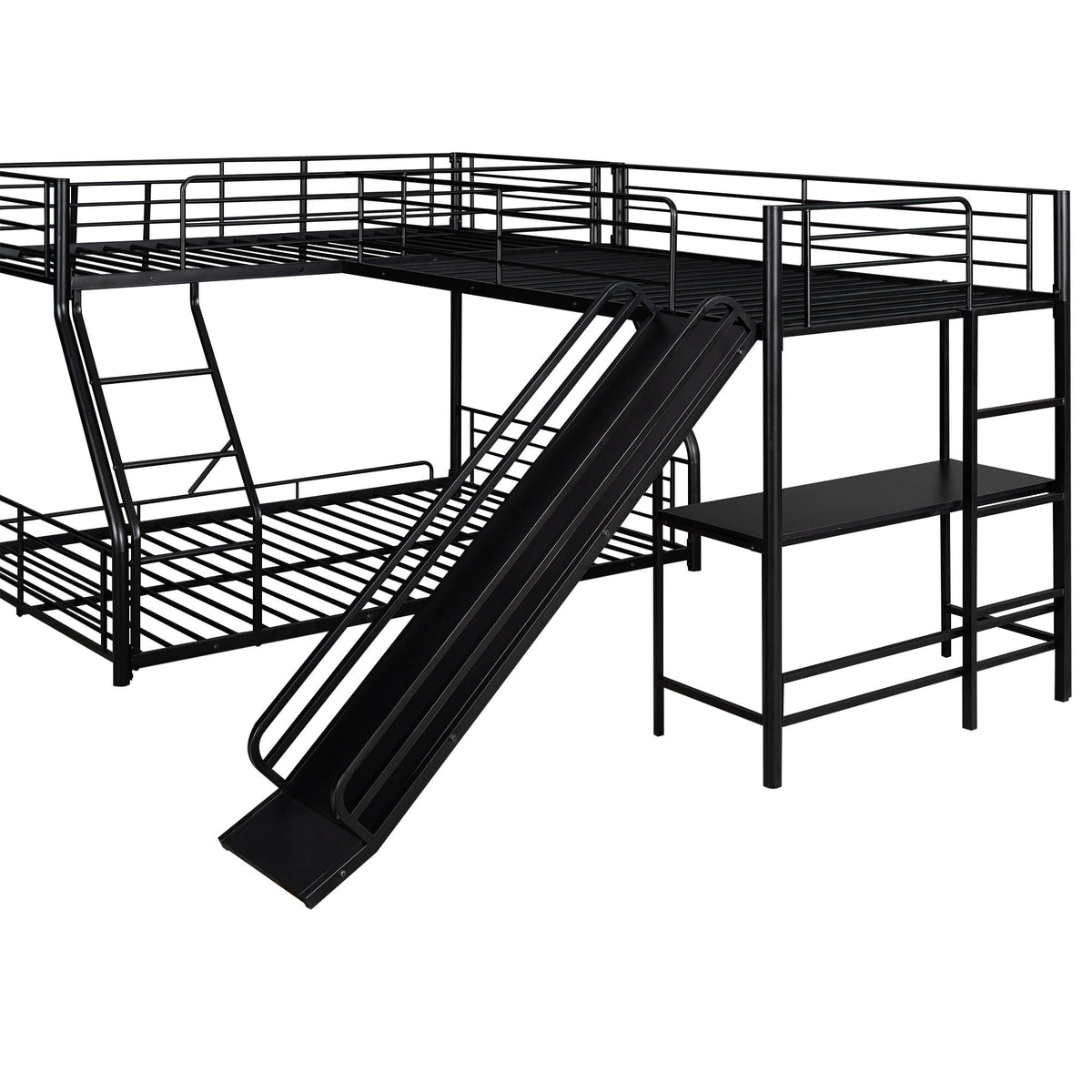 L Shaped Triple Bunk Bed | Twin Over Full Frame | Built In Desk | Black