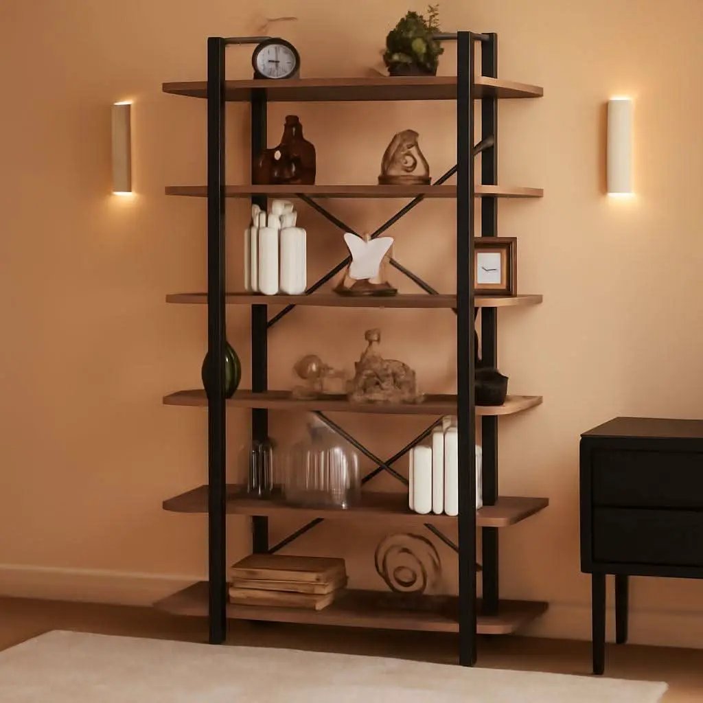 Rustic Oak 6 Tier Tall Bookcase With Metal Frame Industrial from PriceLows™