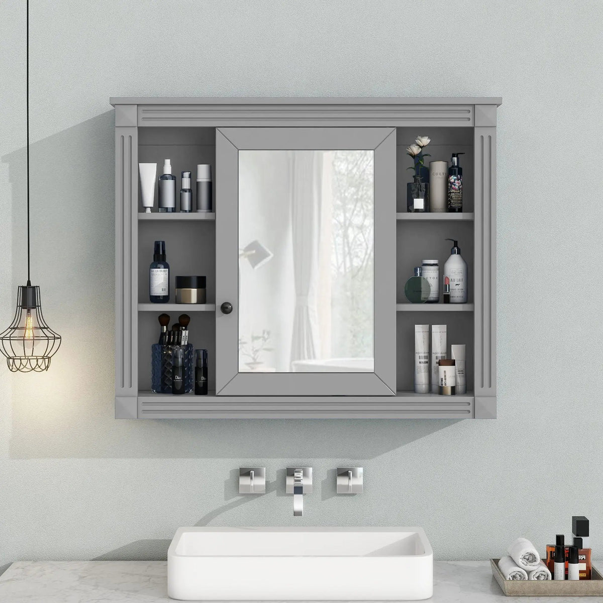 Bathroom Storage Cabinet With Mirror | 6 Open Shelves | Vintage Handle | Adjustable Interior