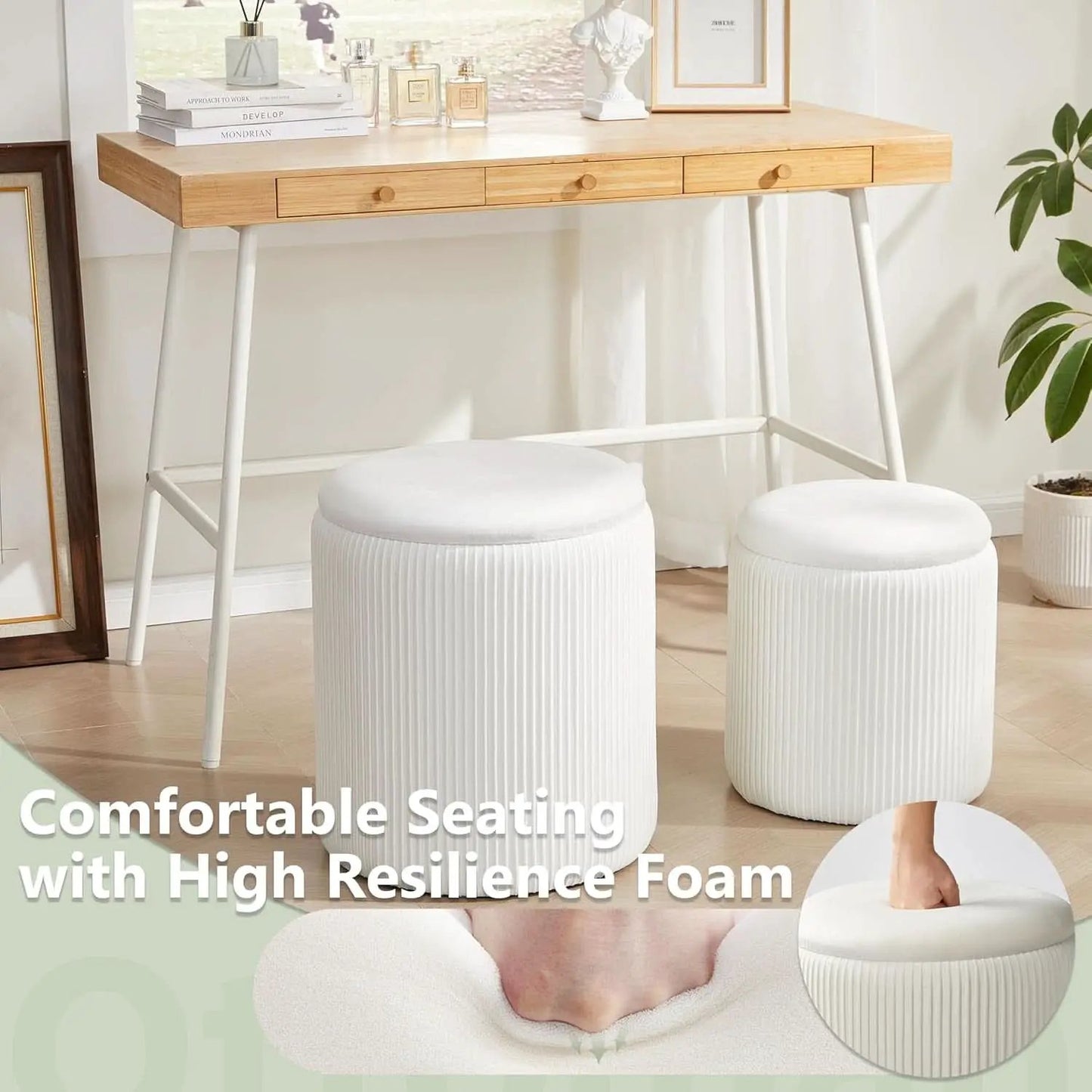Compact Round Velvet Storage Ottoman TwoPack White from PriceLows™