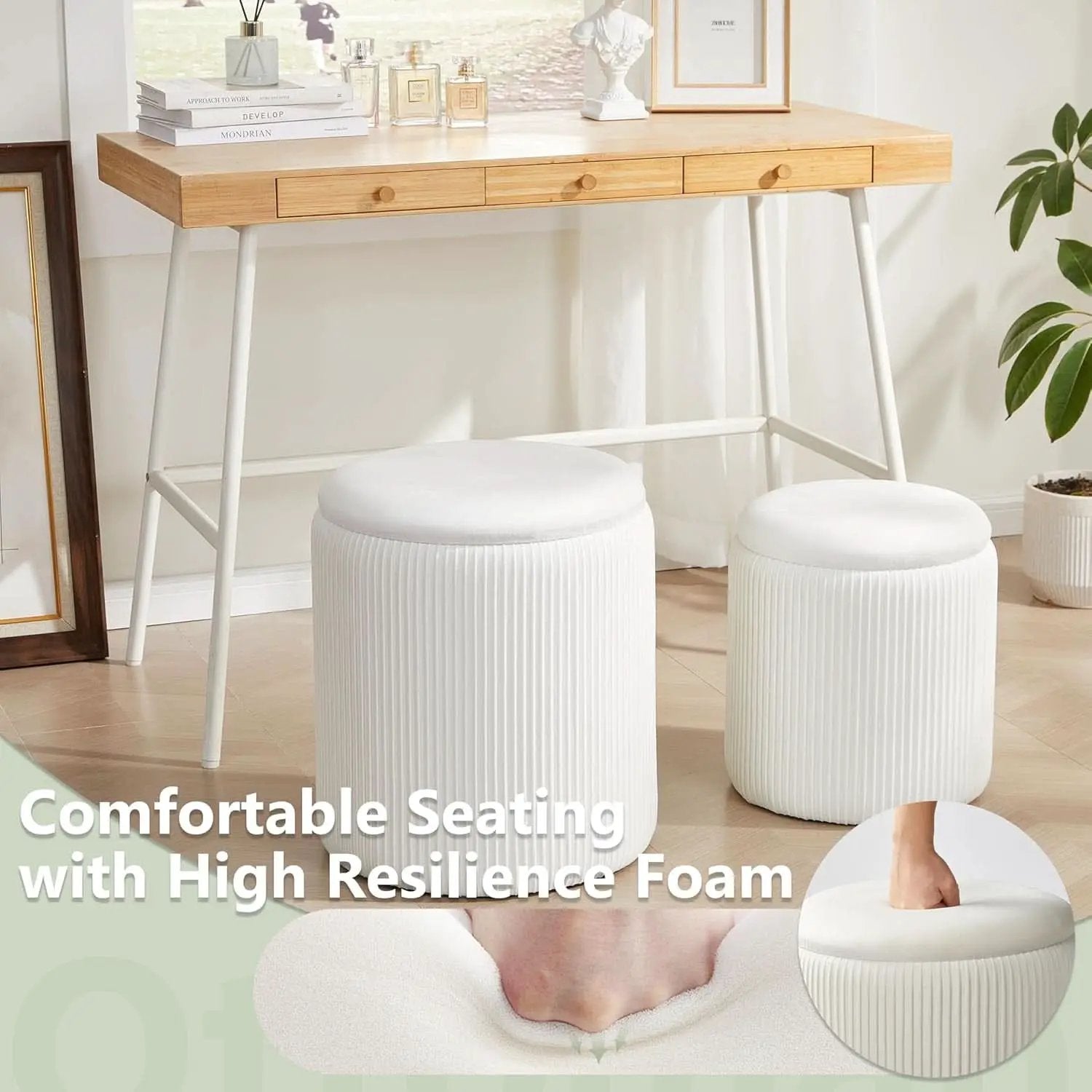 Compact Round Velvet Storage Ottoman TwoPack White from PriceLows™