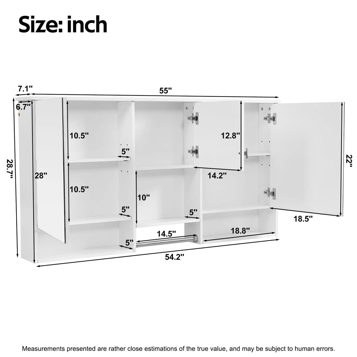 White Wall-Mount Mirror Cabinet | 55 Inch Width | 3-In-1 Design | Soft-Closing Hinges
