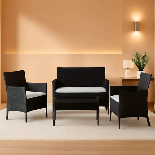 4 Piece Rattan Patio Set With Glass Table Black Cushions from PriceLows™