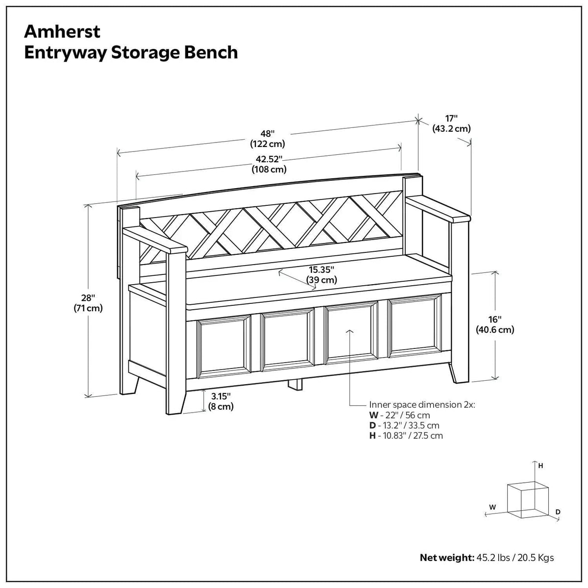 Amherst Entryway Storage Bench | 48 x 17 x 28 in | Solid Wood | Hickory Brown