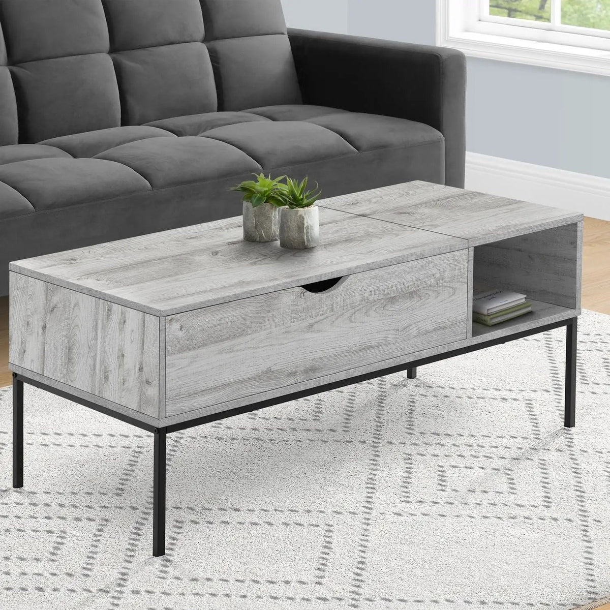 Rectangular Lift-Top Coffee Table | 42 Inch Width | Hinged Adjustable Top | Open Shelf
