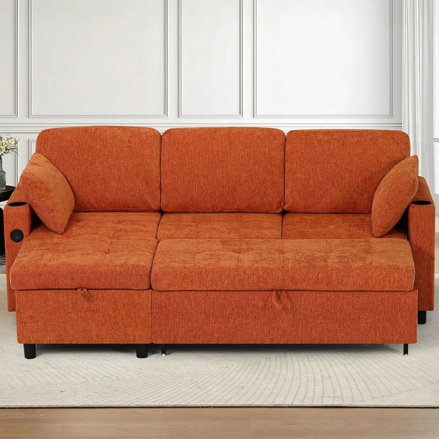 84Inches BrightOrange Chenille Pullout Sofa Bed USBPort from PriceLows™