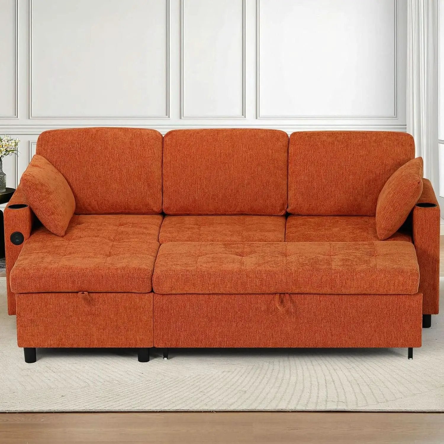 84Inches BrightOrange Chenille Pullout Sofa Bed USBPort from PriceLows™