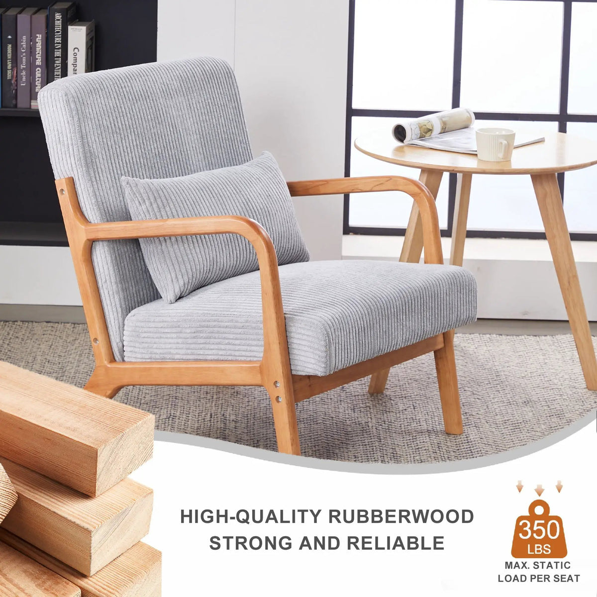 Upholstered Accent Arm Chair | Rubberwood Frame | Removable Pillow | Natural Texture