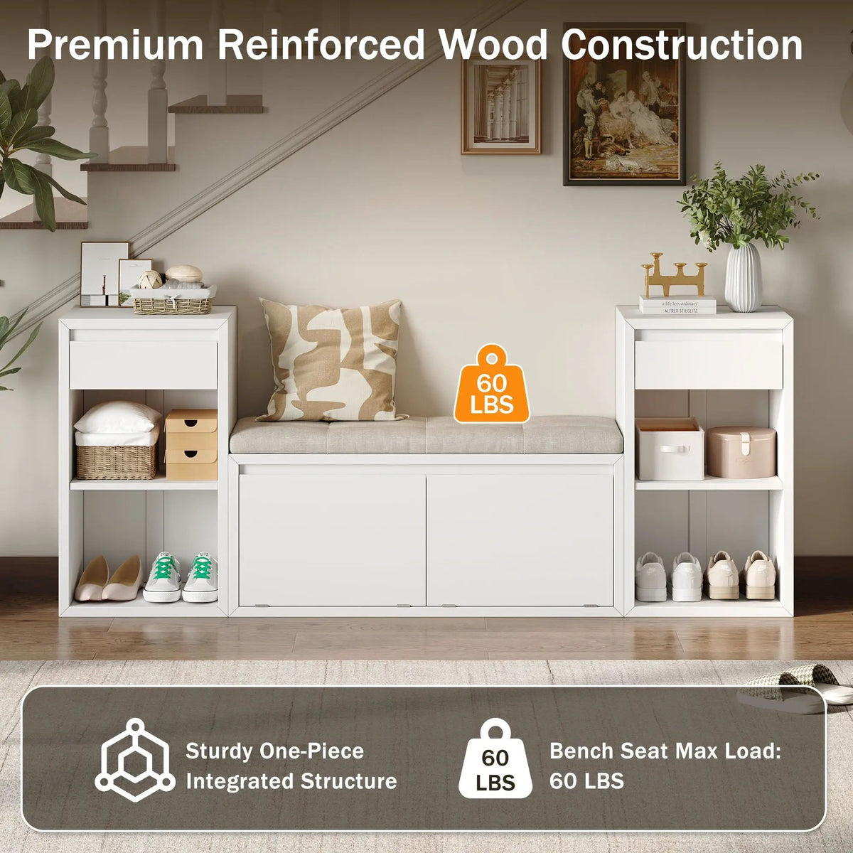 Entryway Storage Bench | Flip Top Compartment | Pine Wood Frame