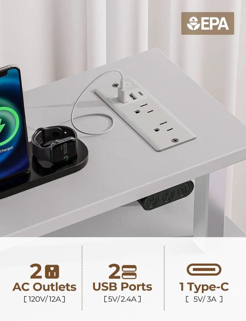 39 Inch Computer Desk Power Outlets LED Light White from PriceLows™
