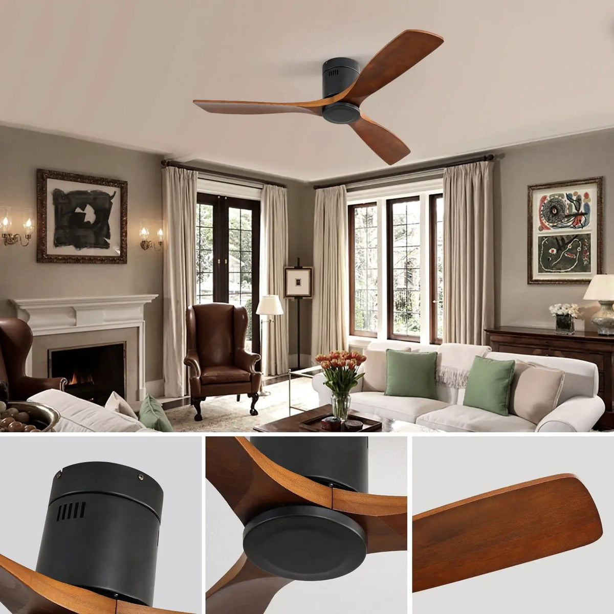 Ceiling Fan With 3 Solid Blades, Remote Controlled Reversible DC Motor - | 52 x 52 x 9.7 in | Solid Wood & Steel | Black