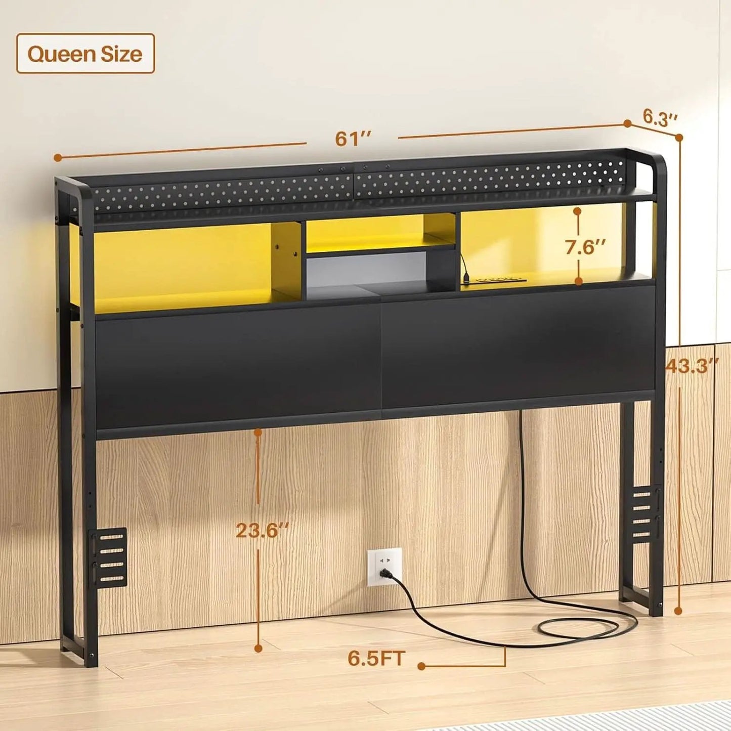 Queen Size Headboard with USB Ports and LED Light from PriceLows™