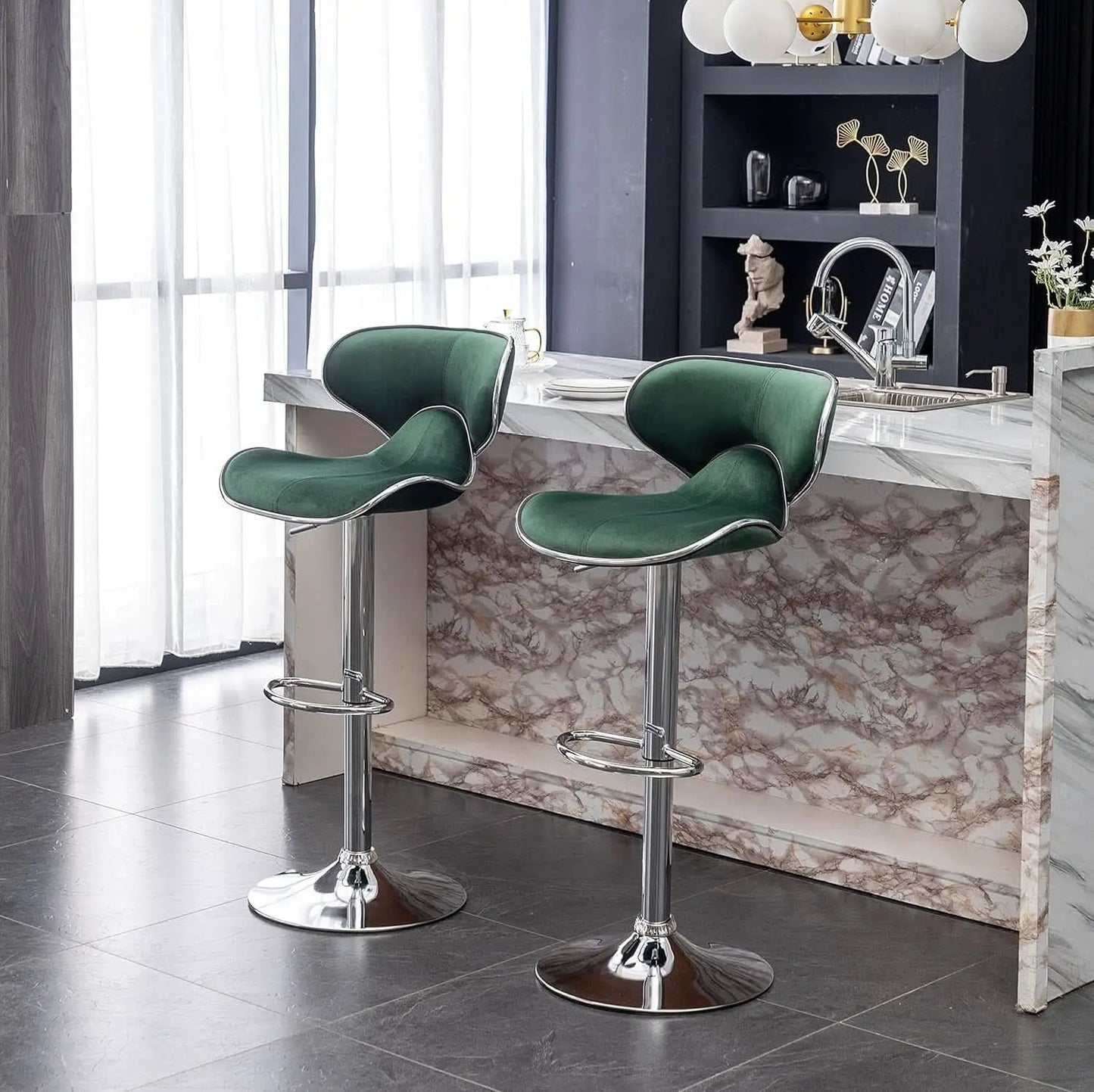 Green Velvet Upholstered Adjustable Swivel Bar Stools Set 2 from PriceLows™