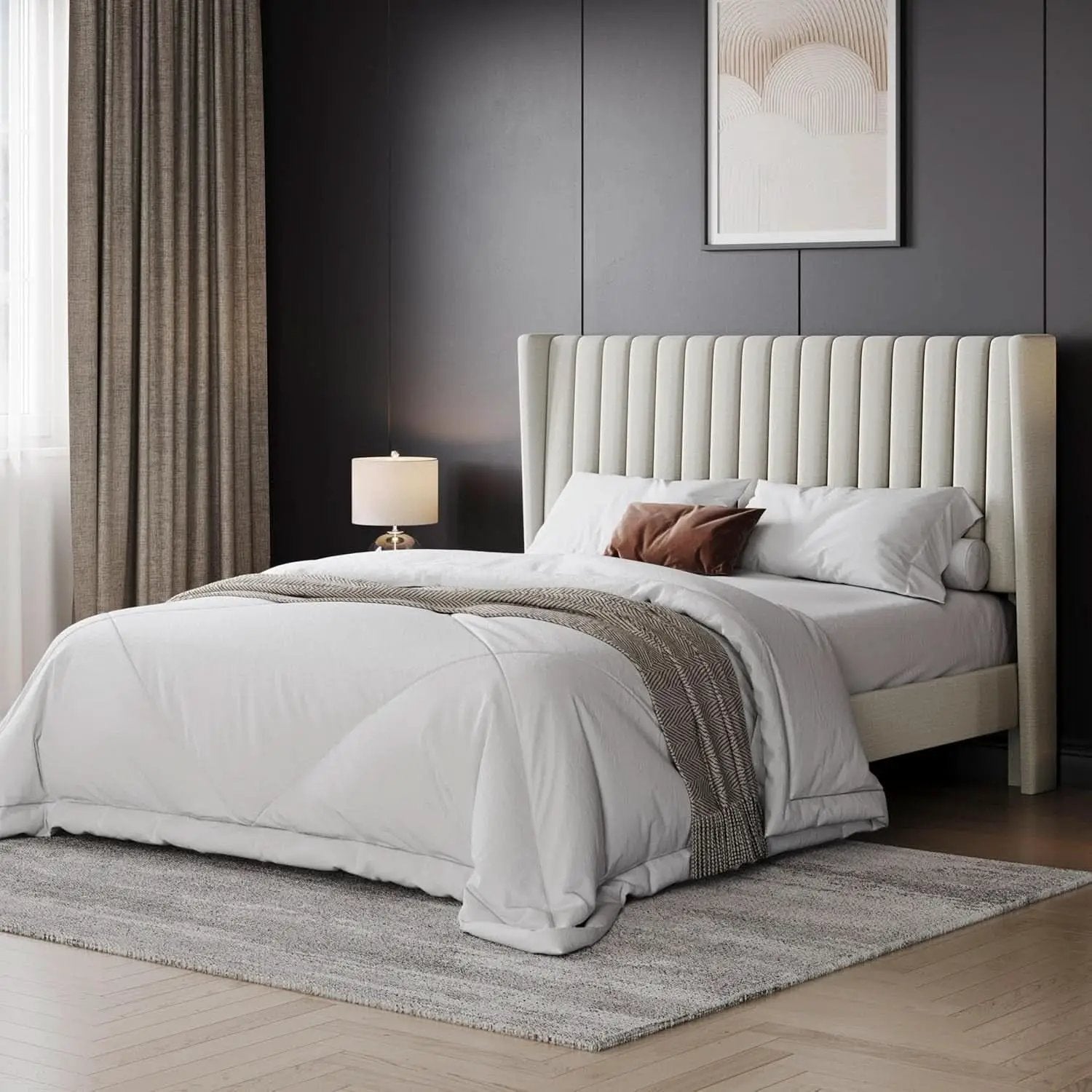 Queen Upholstered Platform Bed With Beige Headboard from PriceLows™