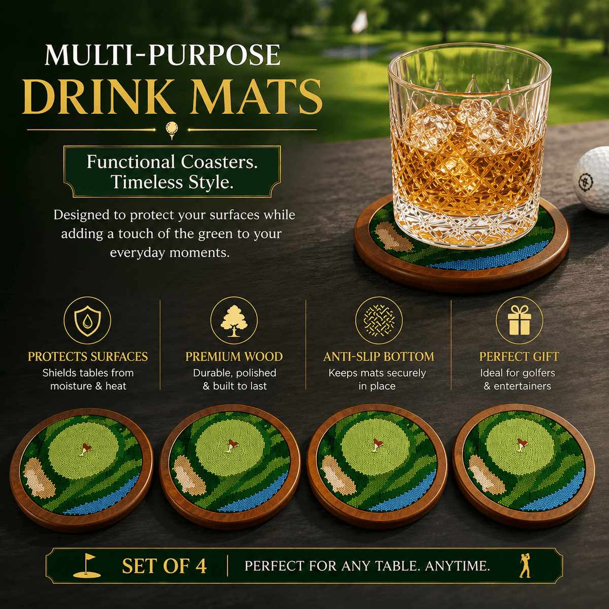 Golf Coasters, Durable Wooden Drink Coasters with Holder | Home Decor | Gift Ready