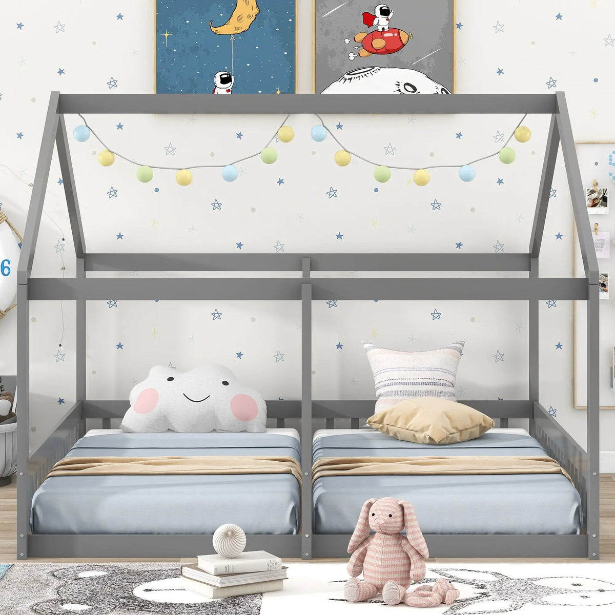 House Platform Bed | Solid Steel Frame | Twin Shared Bunks | Built In Guards