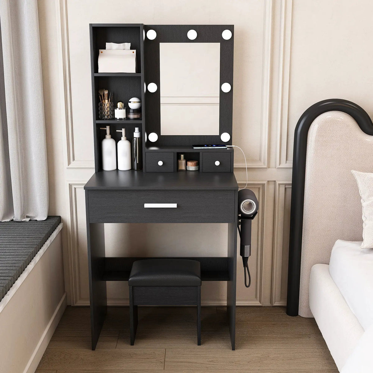 Vanity Table | LED Mirror | Power Outlet | Includes Stool