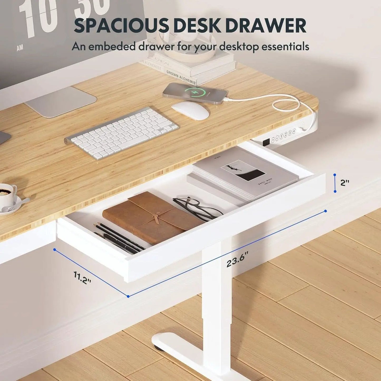 Electric Standing Desk USB Ports And Drawer Bamboo White from PriceLows™