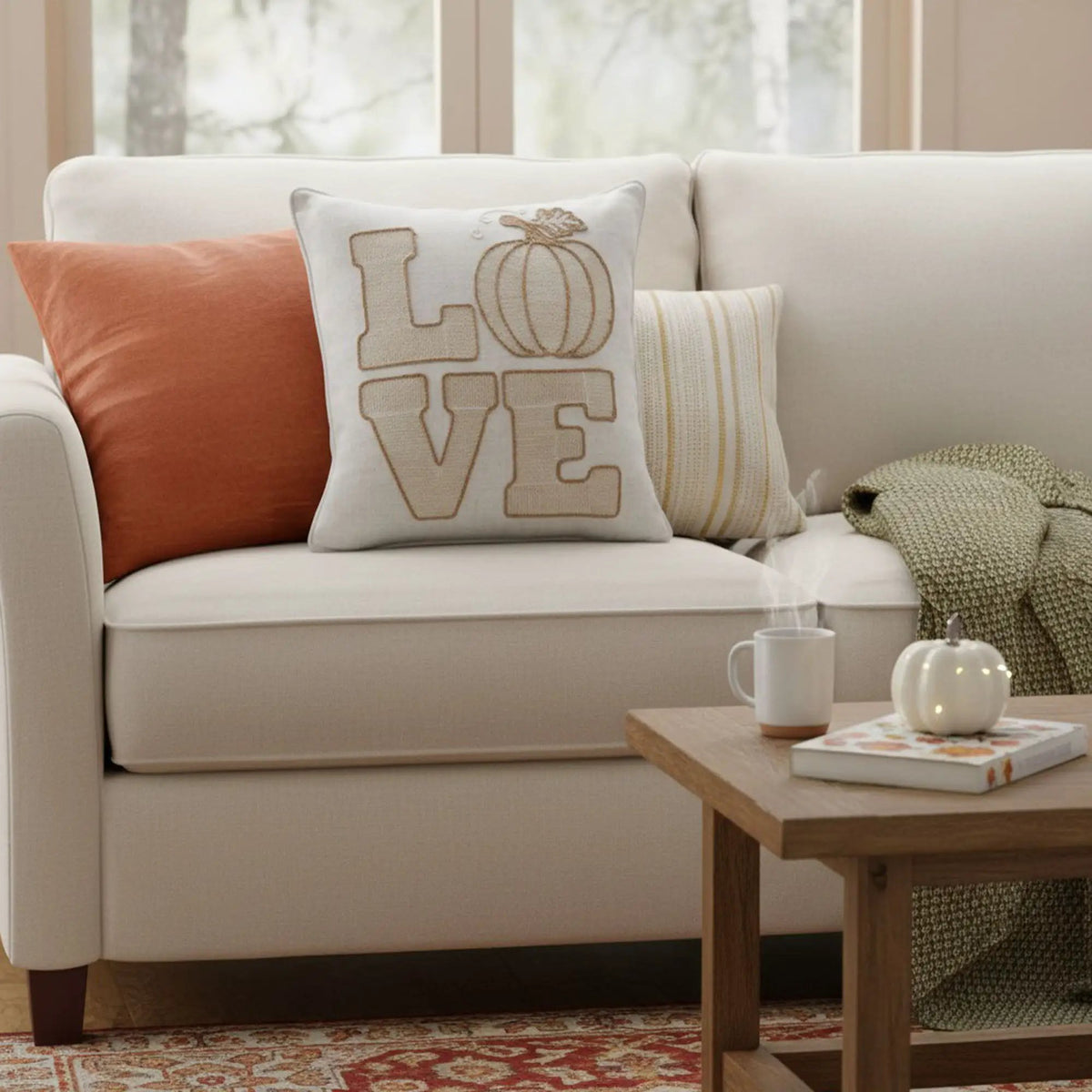 Love Pumpkin Embroidered Throw Pillow | Natural Beige Linen Blend | Textured LOVE Lettering | 20 x 20 Inch