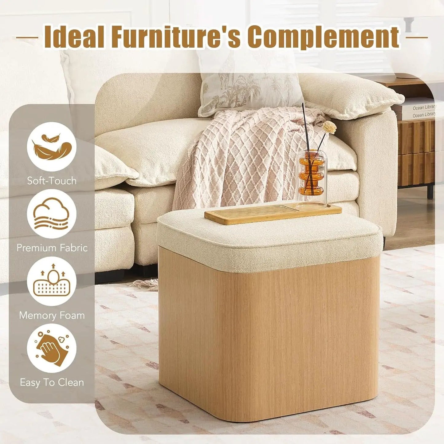 Beige Linen Upholstered Storage Ottoman With Footrest from PriceLows™