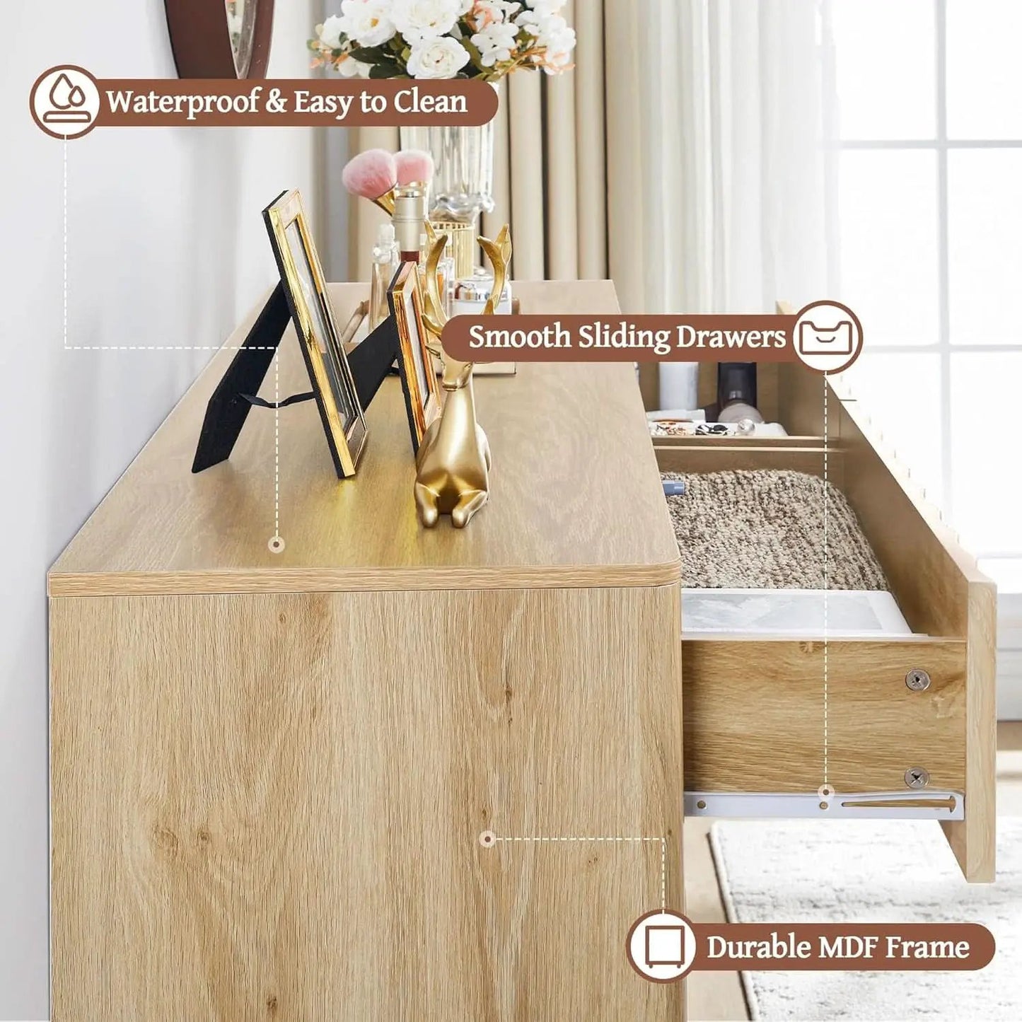 Fluted Six Drawer Dresser Walnut Finish FiftyThreeInchWide from PriceLows™