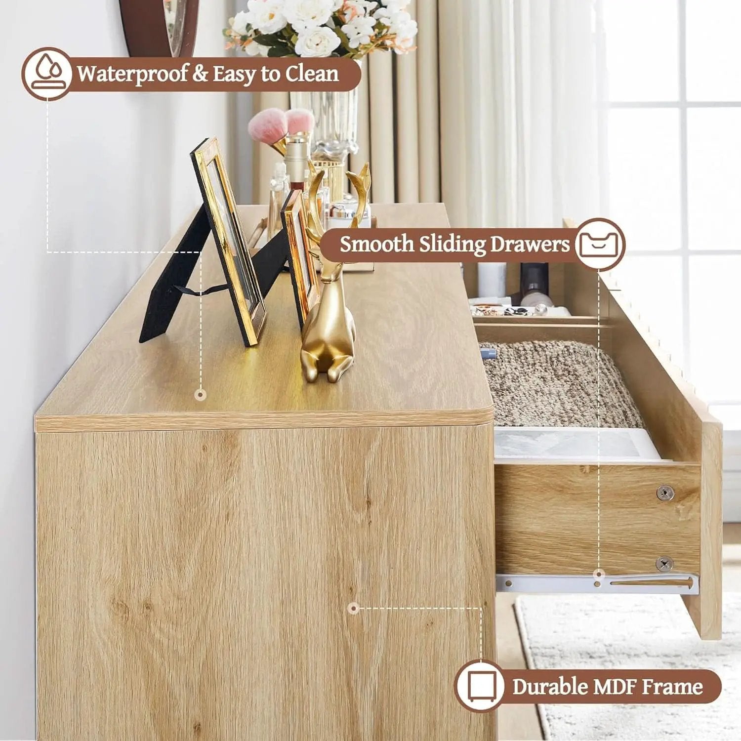 Fluted Six Drawer Dresser Walnut Finish FiftyThreeInchWide from PriceLows™
