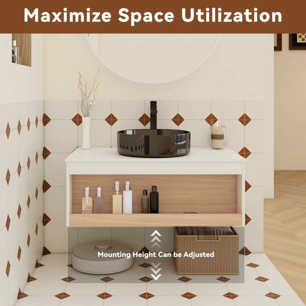 Wall Mounted Bathroom Vanity | Vessel Sink | Open Shelf Storage