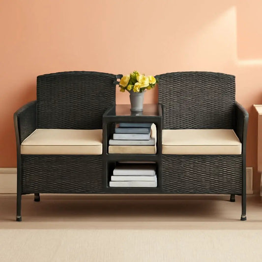 Patio Loveseat Outdoor Wicker Conversation Set With Built In Coffee Table Beige from PriceLows™