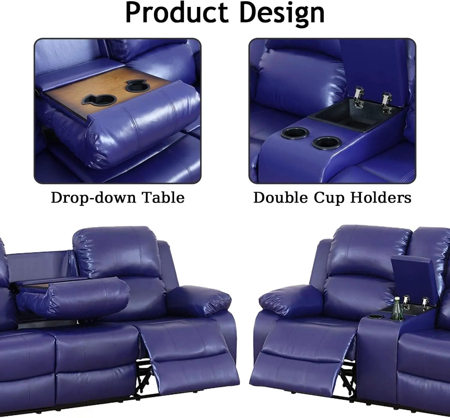 Dark Blue Leather Recliner Sofa Set For Living Room 3 Piece from PriceLows™