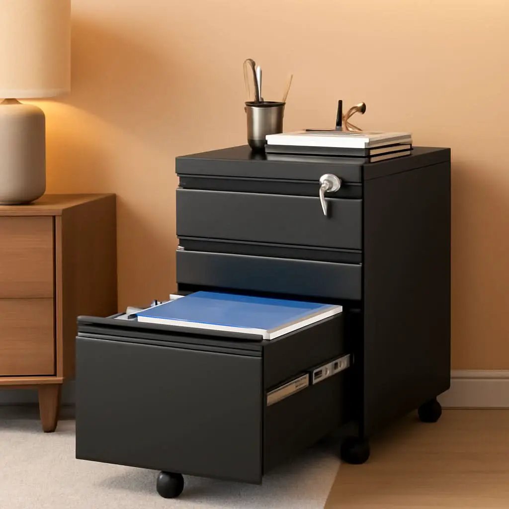 Three Drawer File Cabinet On Wheels With Lock Black Metal from PriceLows™