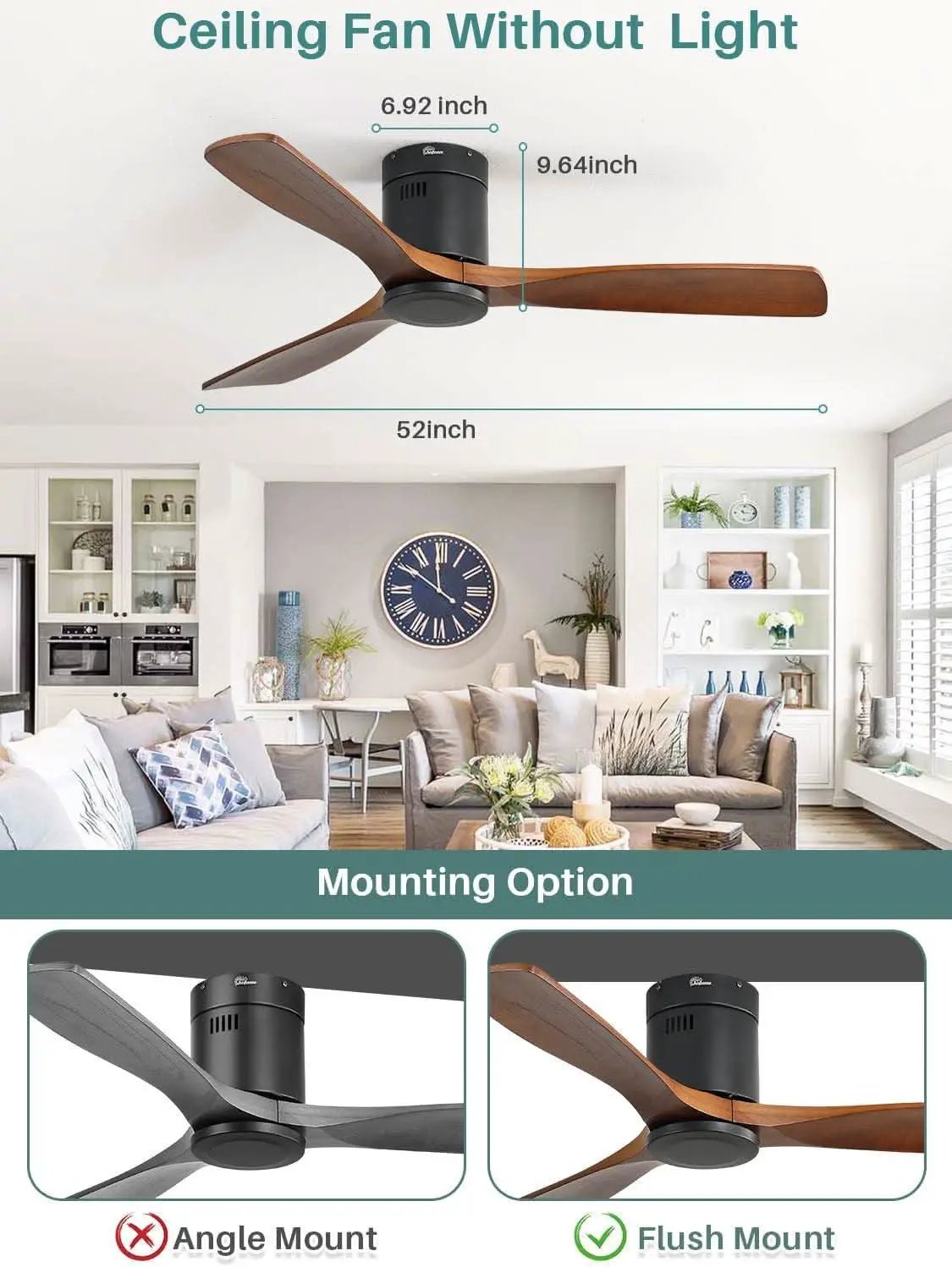52 Inch Solid Wood Flush Mount Ceiling Fan With Remote from PriceLows™