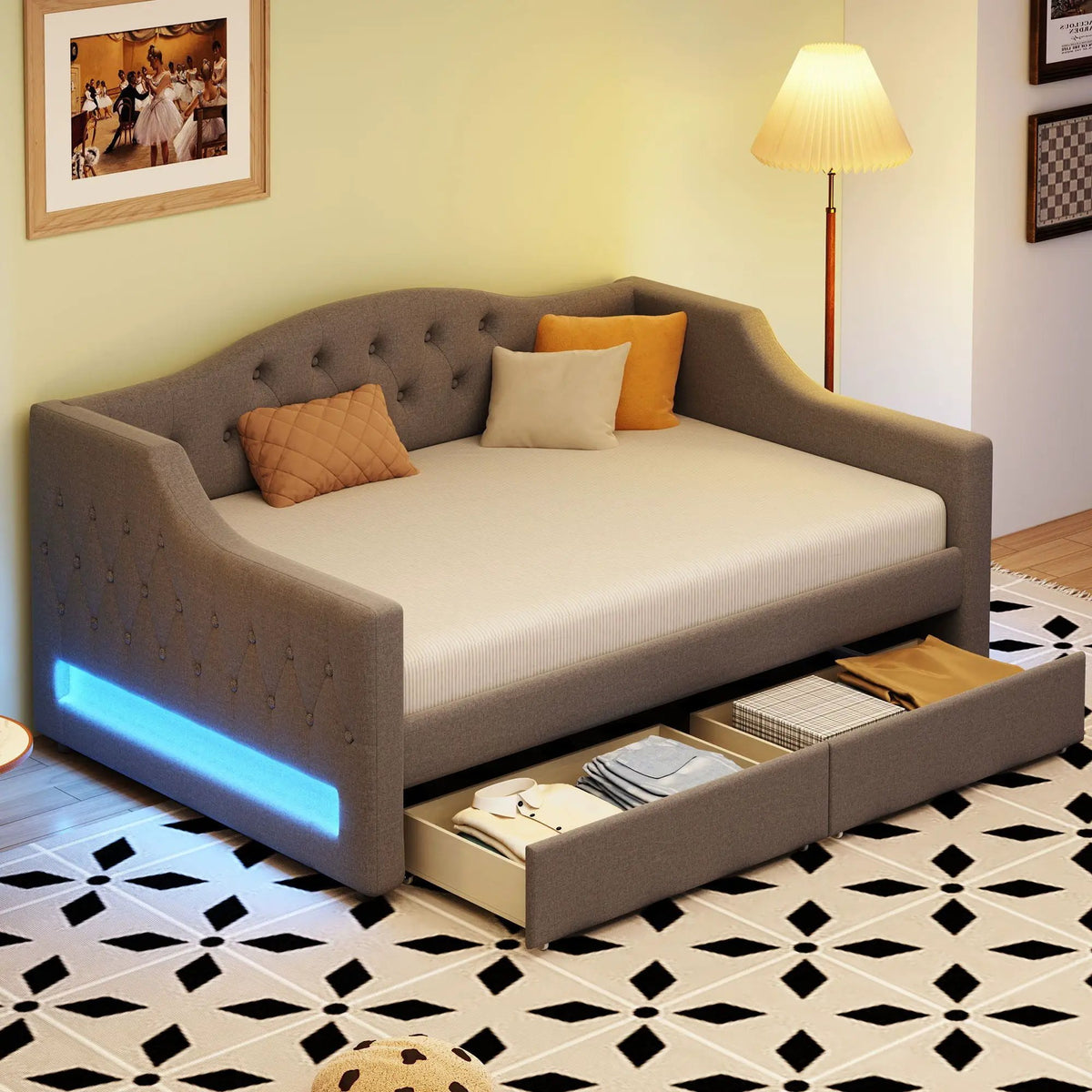 Daybed With LED Lights | Upholstered Trundle Daybed | Thickly Padded Sponge | 84 Inch Length